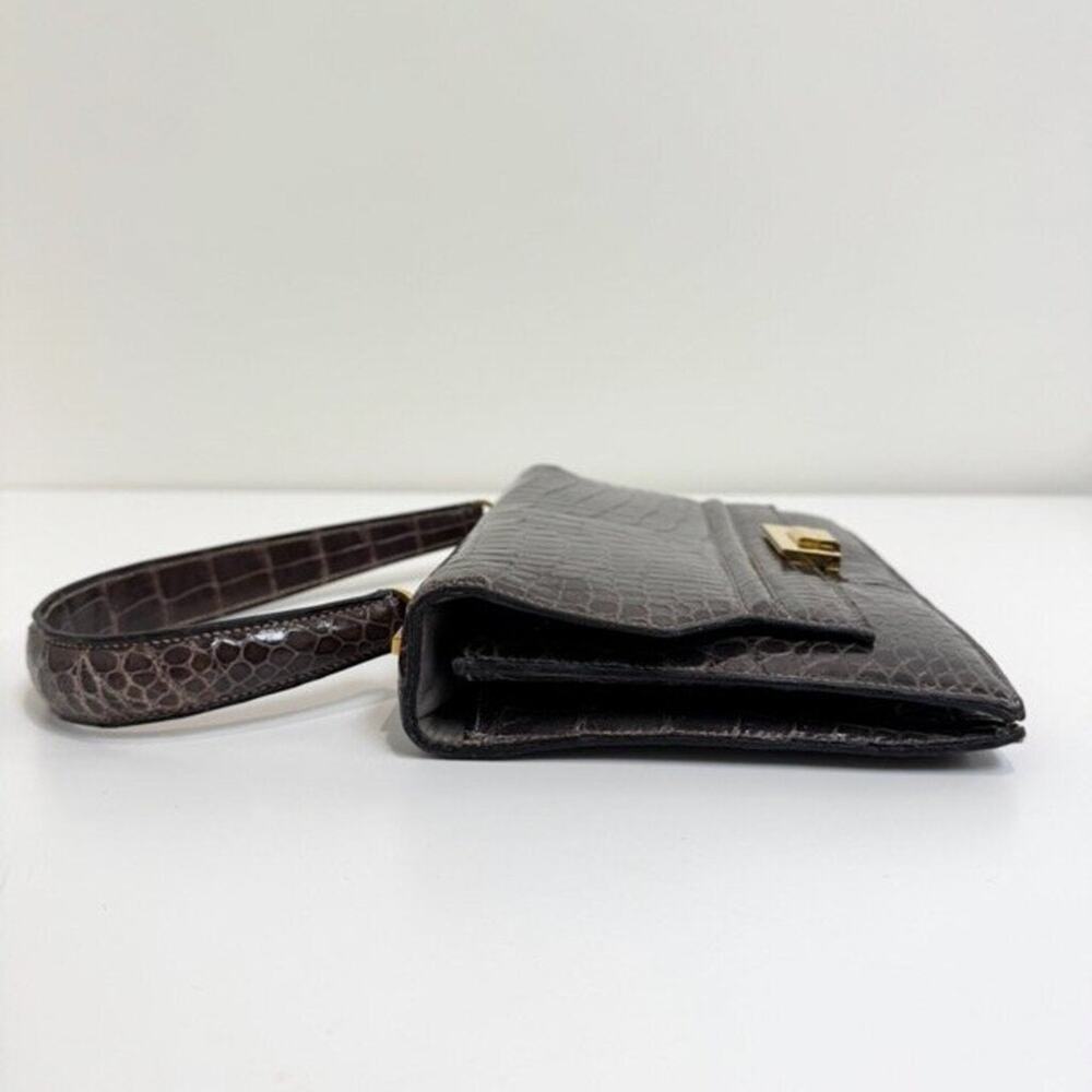 HERMES Vintage Gray Crocodile Shoulder Bag Gold Hardware Exotic Leather Handbag - Picture 5 of 10